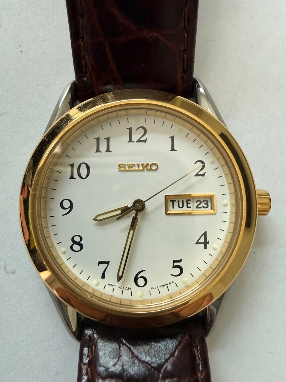 Seiko Gold-Tone Bezel White Dial Brown Leather Strap Watch